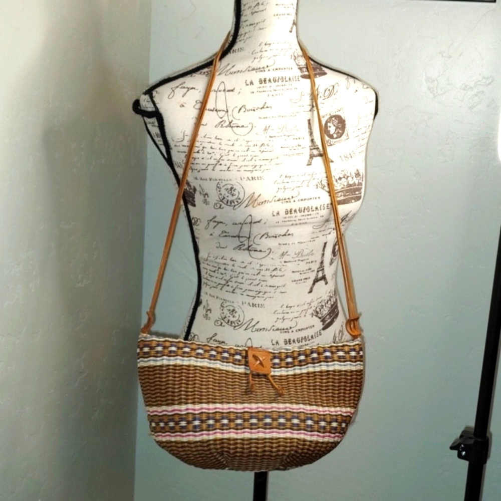 Italian Made Woven Straw Crossbody Bag with Tan Strap Unique Shape Lined